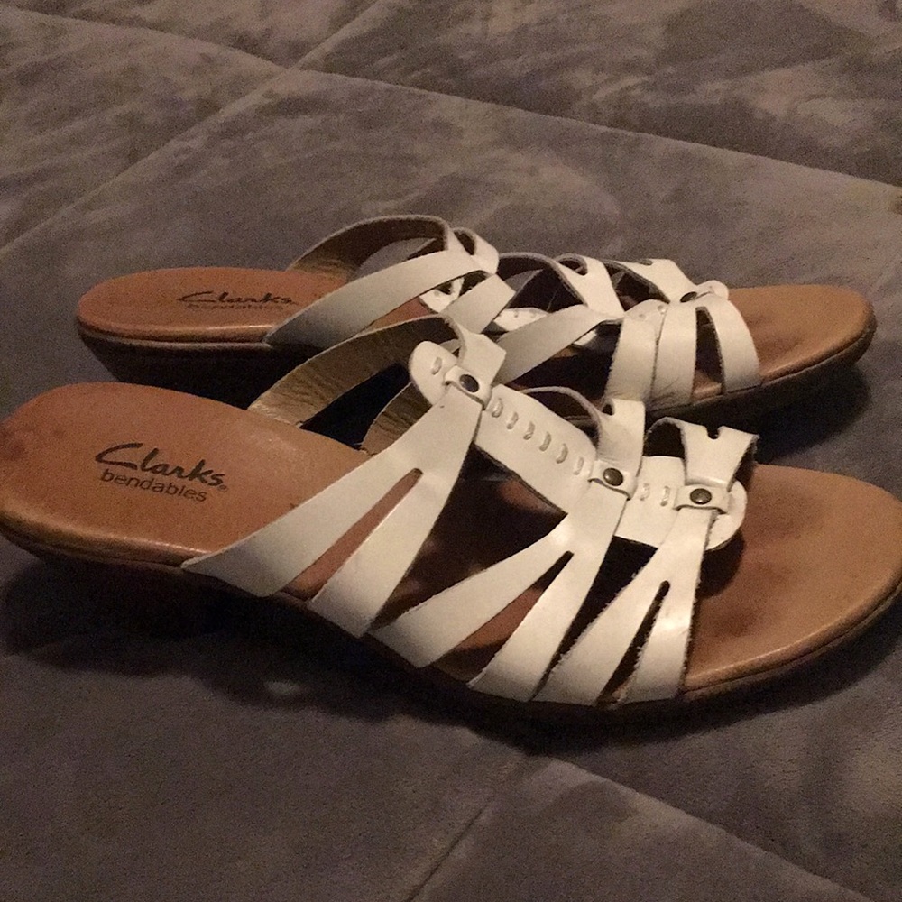 White strappy Clark’s sandals